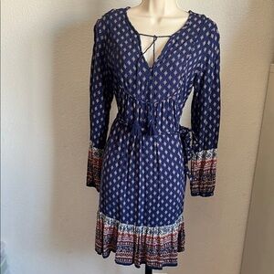 Boho style Time and Tru Navy Patterned Long Sleeve Dress